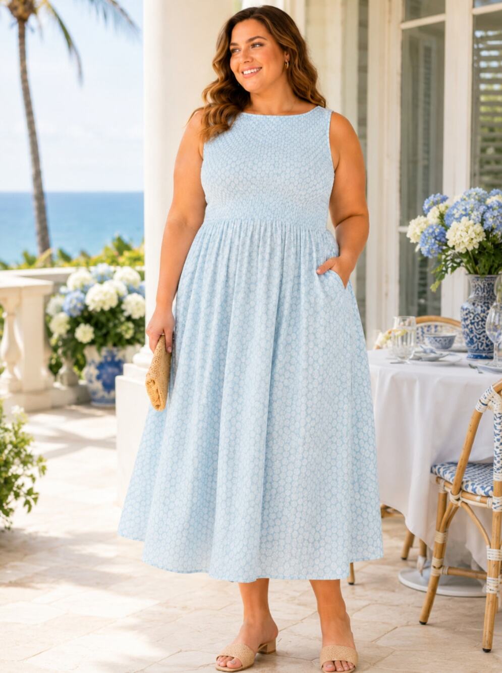Hill House Cosima Nap Dress Baroque Shells Blue Cotton Midi NWOT Size XL